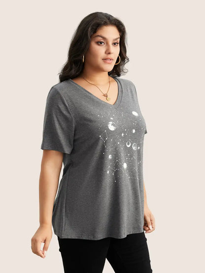 Moon And Star Print V Neck T-Shirt