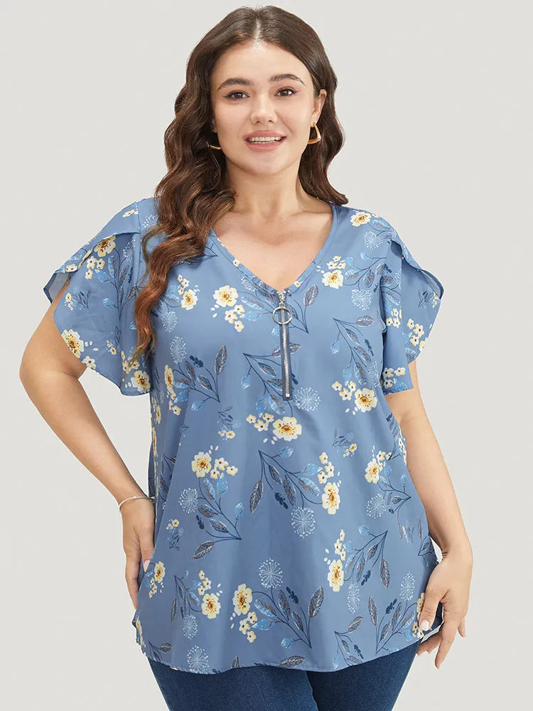 Floral O Ring Zipper Split Petal Sleeve Blouse