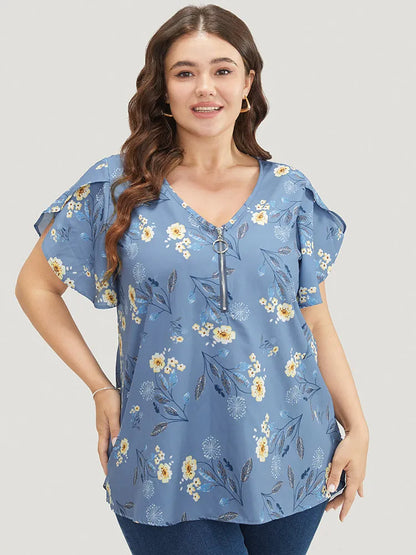 Floral O Ring Zipper Split Petal Sleeve Blouse
