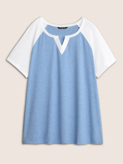 Colorblock Contrast Notched Raglan Sleeve T-Shirt