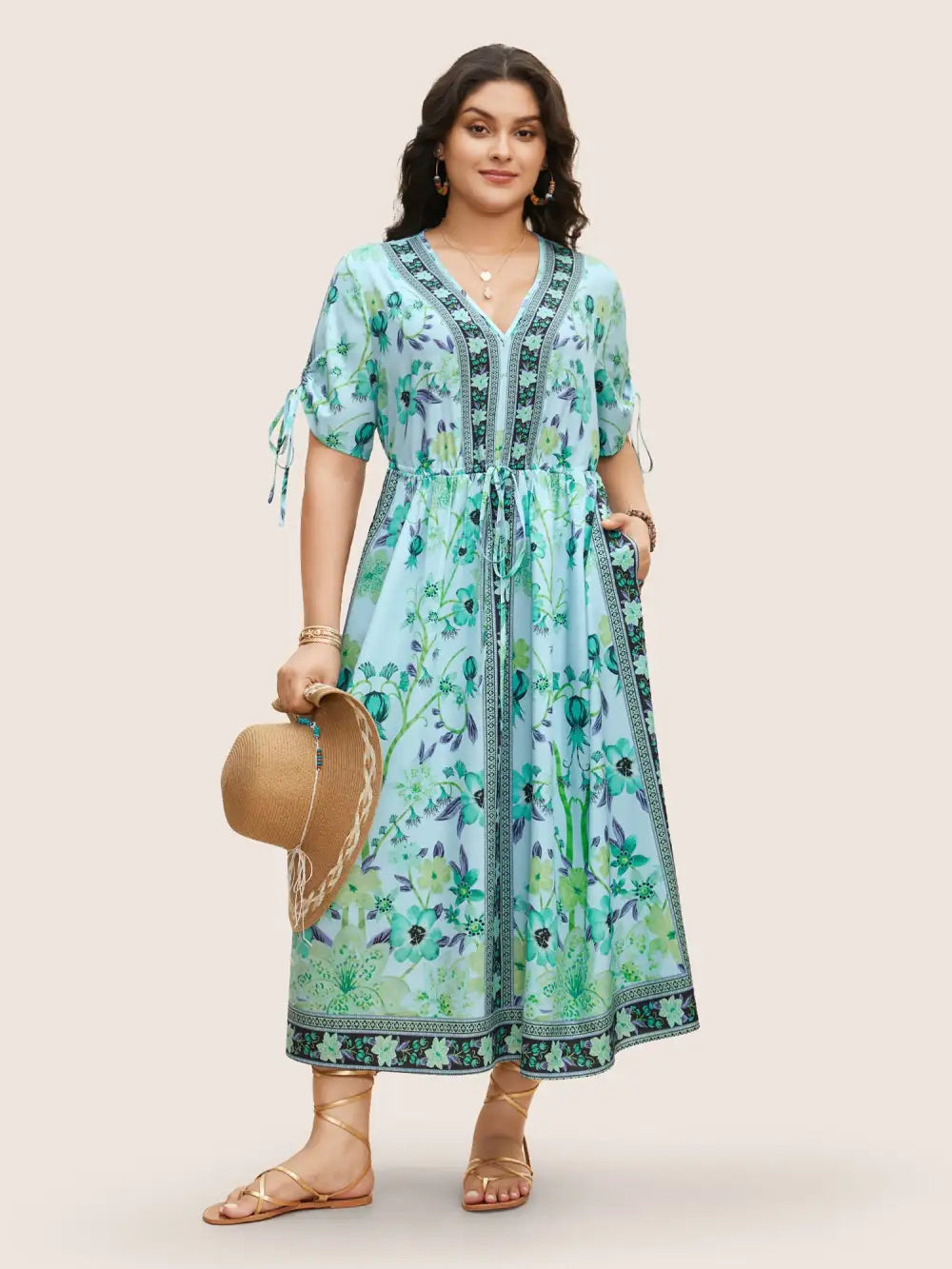 Boho Print V Neck Drawstring Dress