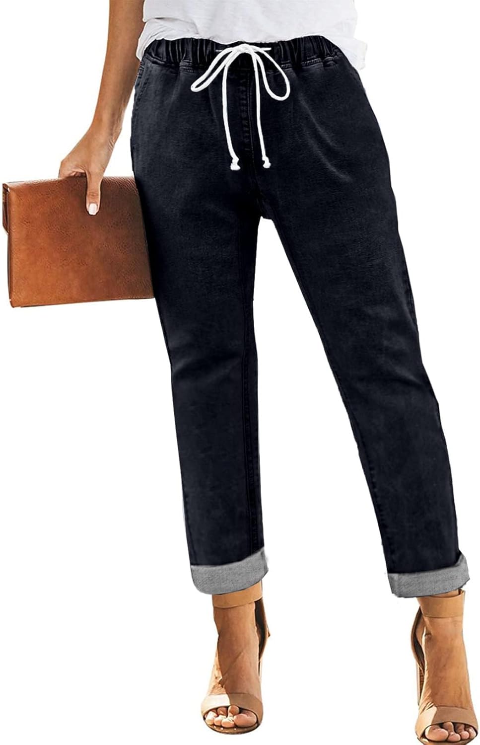 Womens Casual Denim Jeans Pull-on Stretch Jeans Elastic Waist Jean Denim Drawstring Joggers Pants