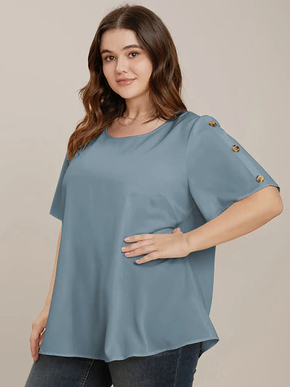 Plain Round Neck Button Detail Blouse
