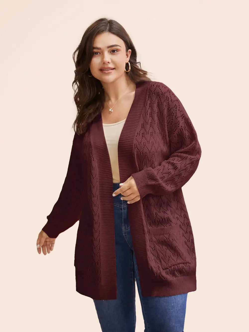 Kimono Collar Patch Pocket Pointelle Knit Cardigan