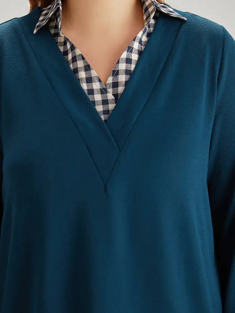 Gingham Patchwork Shirt Collar Arc Hem Sweatshirt