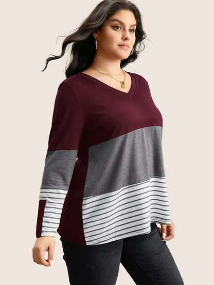 Colorblock Contrast Striped V Neck T-Shirt