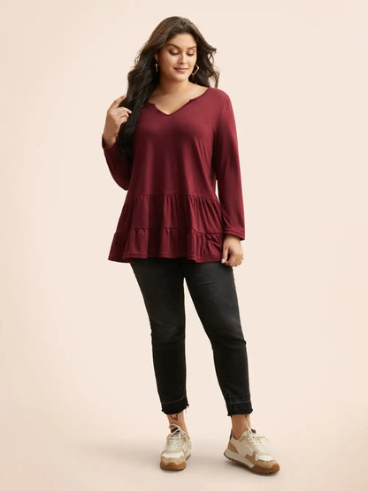 Notched Ruffle Layered Hem T-Shirt