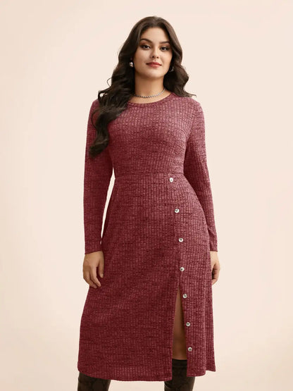 Crew Neck Button Detail Split Hem Dress