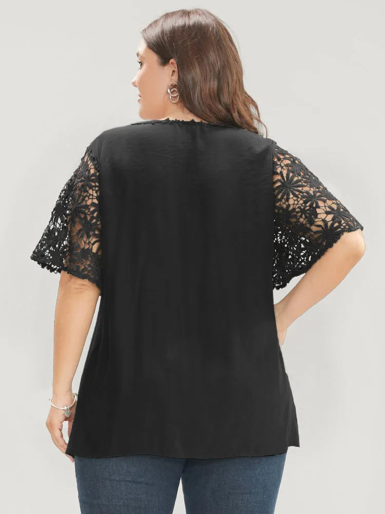 Plain V Neck Floral Patchwork Blouse