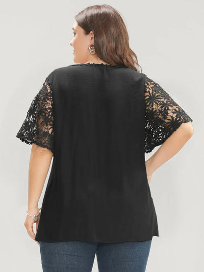 Plain V Neck Floral Patchwork Blouse