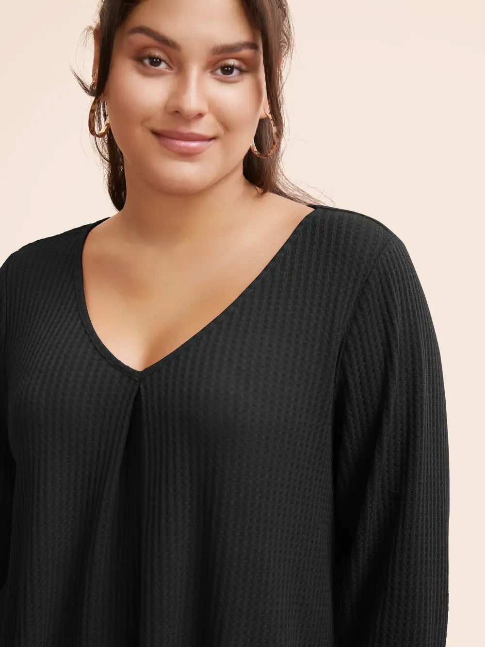 Plain Waffle Knit Scoop Neck Plicated Detail T-Shirt