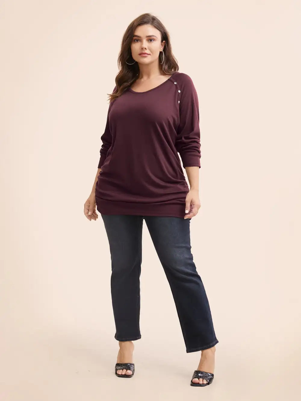 Plain Gathered Button Detail T-Shirt