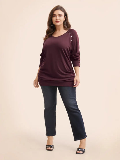 Plain Gathered Button Detail T-Shirt