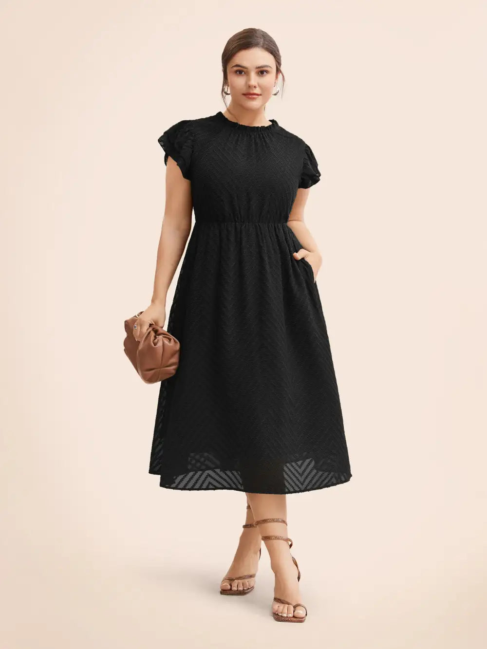 Plain Geometric Layered Sleeve Pocket Ruffle Mock Neck Dress