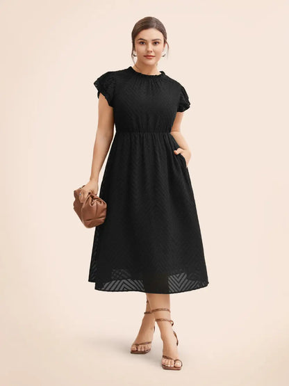 Plain Geometric Layered Sleeve Pocket Ruffle Mock Neck Dress