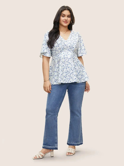 Floral Pleated Elastic Waist Ruffle Sleeve Blouse
