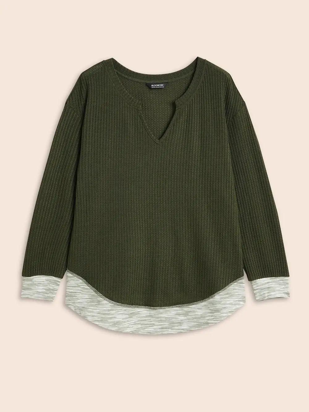Notched Waffle Knit Patchwork Contrast T-Shirt