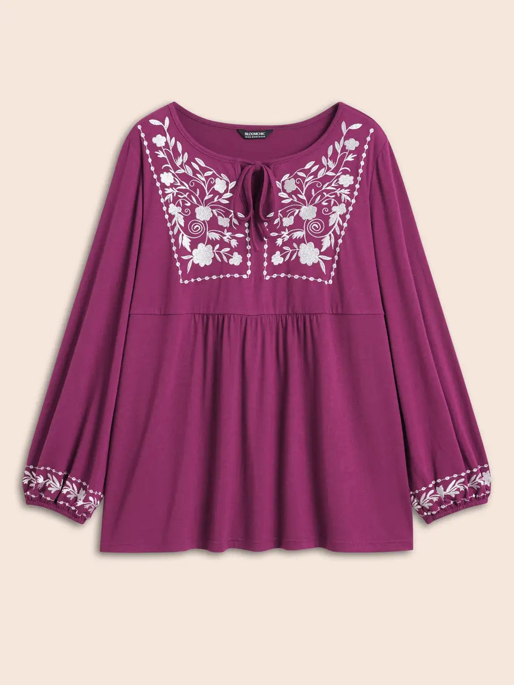Floral Embroidered Knot Neck Lantern Sleeve T-Shirt