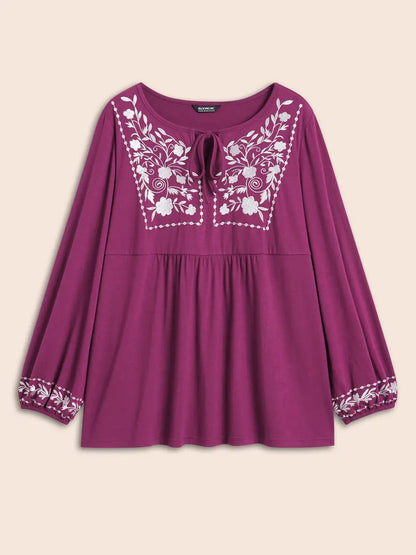 Floral Embroidered Knot Neck Lantern Sleeve T-Shirt