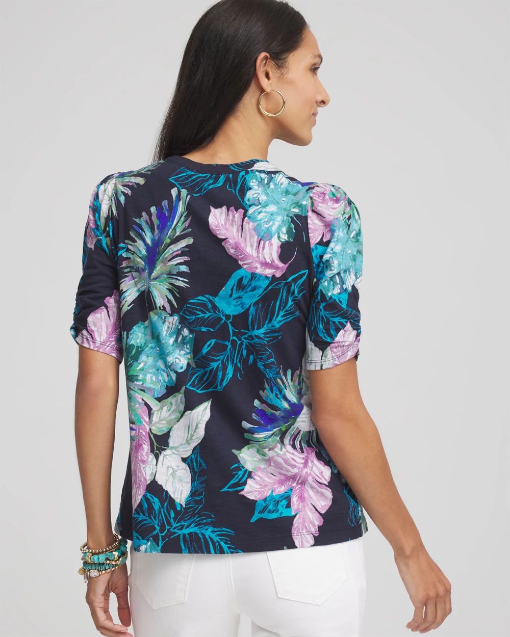 Tropical Slub Shirred-Sleeve Henley Tee