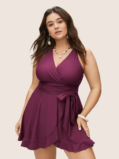 Plain Ties Wrap Flutters Swim Dress