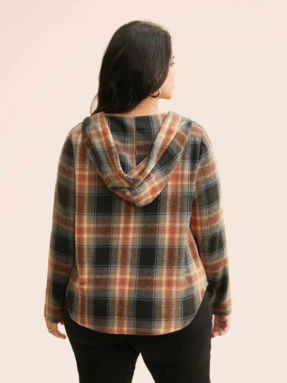 Brushed Fabric Plaid Hooded Sweatshirt