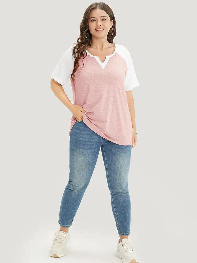 Colorblock Contrast Notched Raglan Sleeve T-shirt
