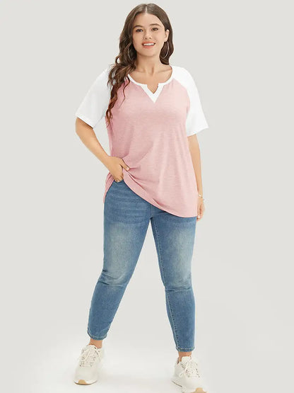 Colorblock Contrast Notched Raglan Sleeve T-shirt