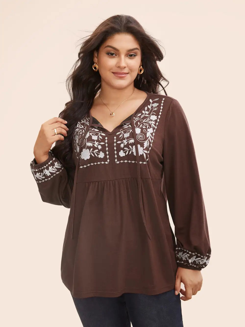 Floral Embroidered Knot Neck Lantern Sleeve T-Shirt