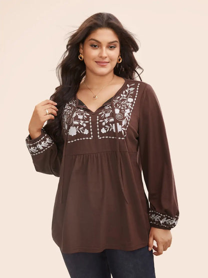 Floral Embroidered Knot Neck Lantern Sleeve T-Shirt