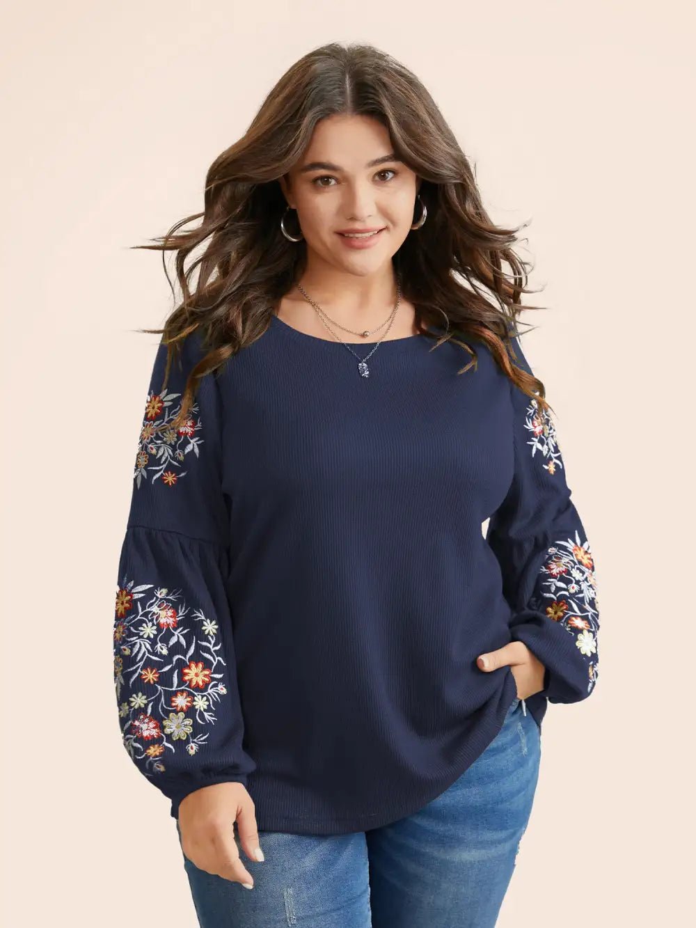 Waffle Knit Floral Embroidered Lantern Sleeve T-Shirt