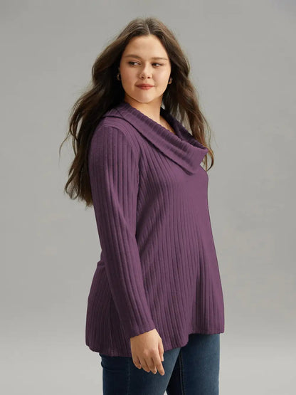 Plain Rib Knit Cowl Neck T-Shirt