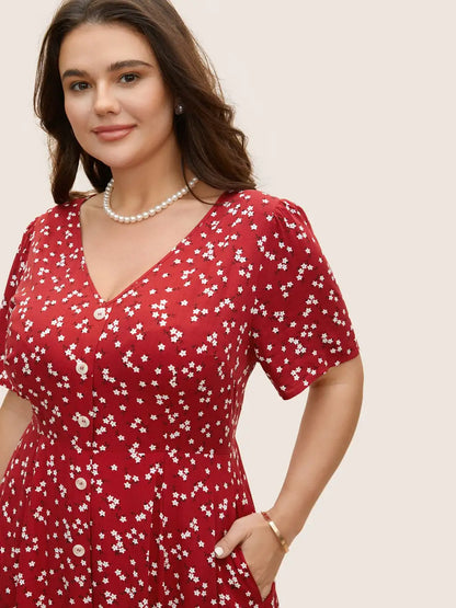 Ditsy Floral Button Detail Elastic Waist Midi Dress