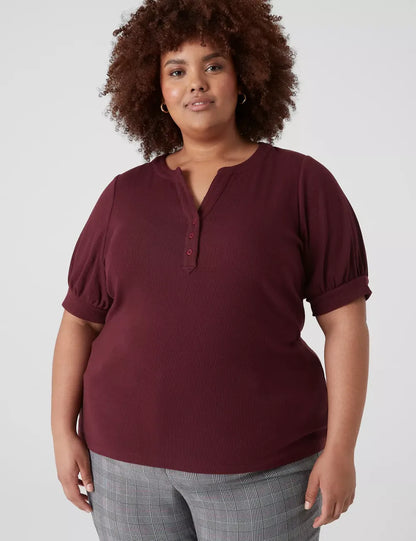 Elbow Puff-Sleeve Henley Rib Tee