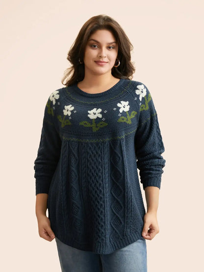 Floral Jacquard Raglan Sleeve Pullover