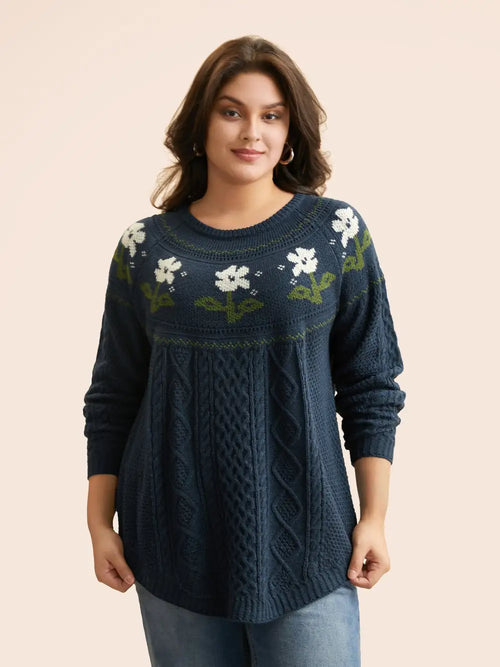 Floral Jacquard Raglan Sleeve Pullover