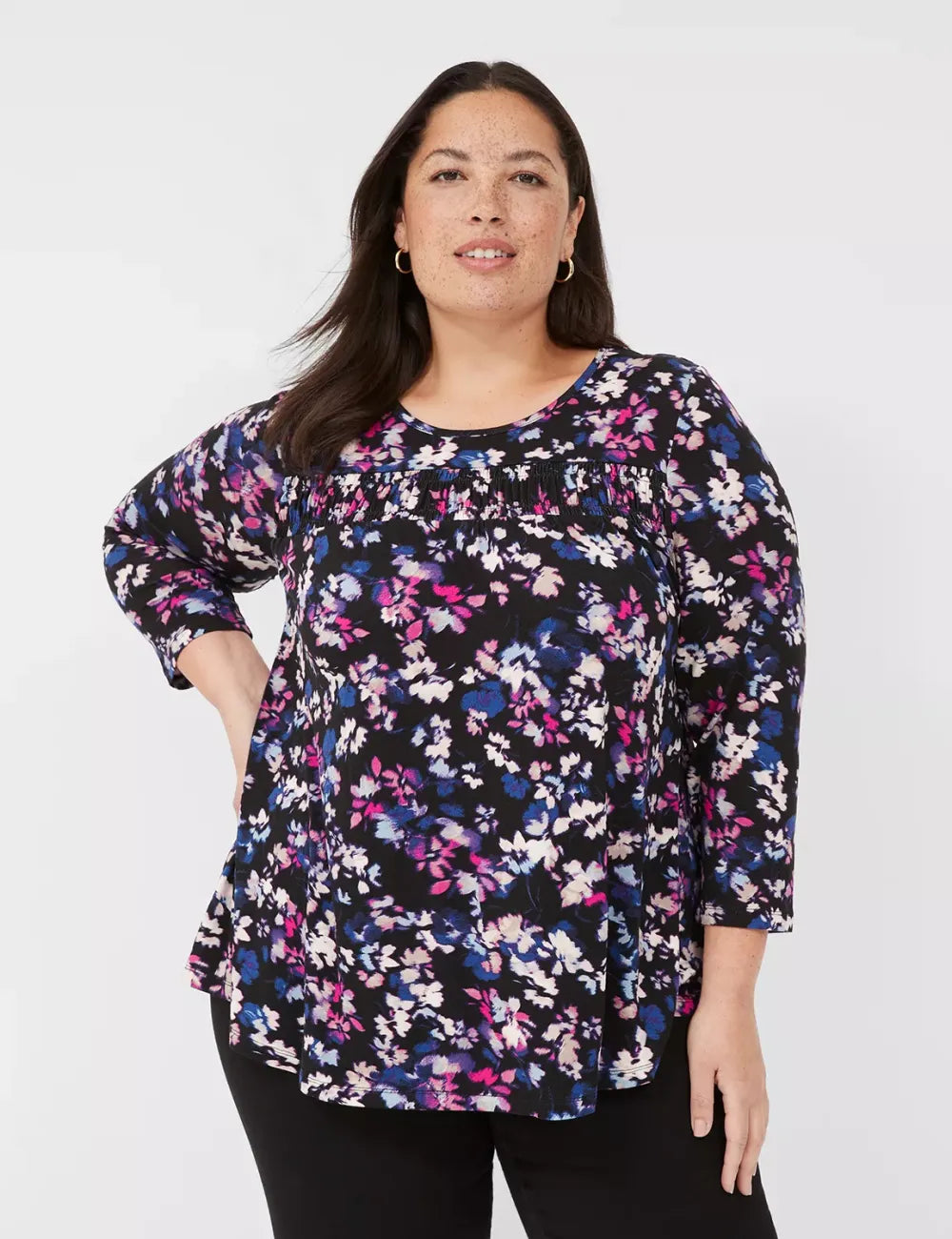 Swing 3/4-Sleeve Smocked Yoke Top