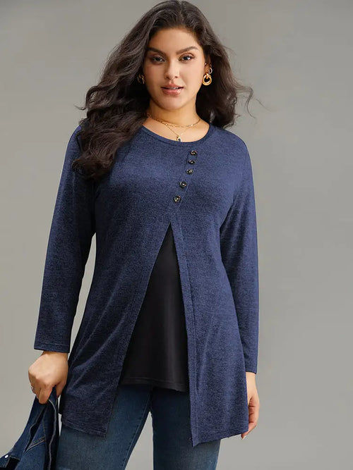 Contrast Patchwork Crew Neck Button Detail T-Shirt