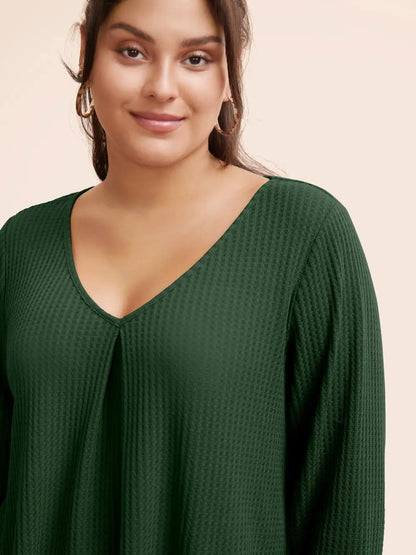 Plain Waffle Knit Scoop Neck Plicated Detail T-Shirt