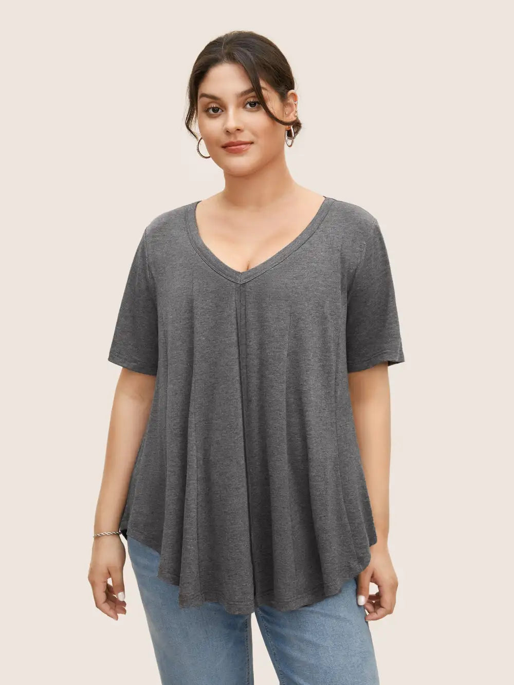 Solid Heather V Neck Curved Hem T-Shirt