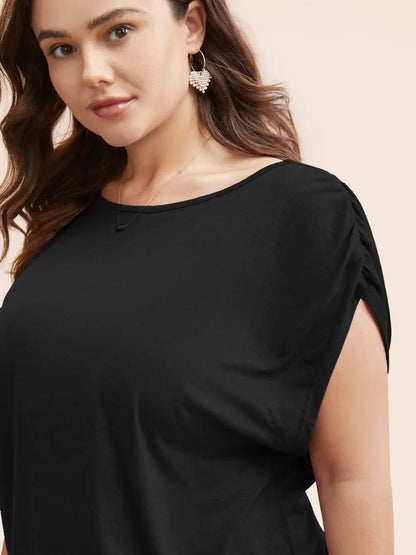 Solid Ruched Batwing Sleeve Shirred Hem T-Shirt
