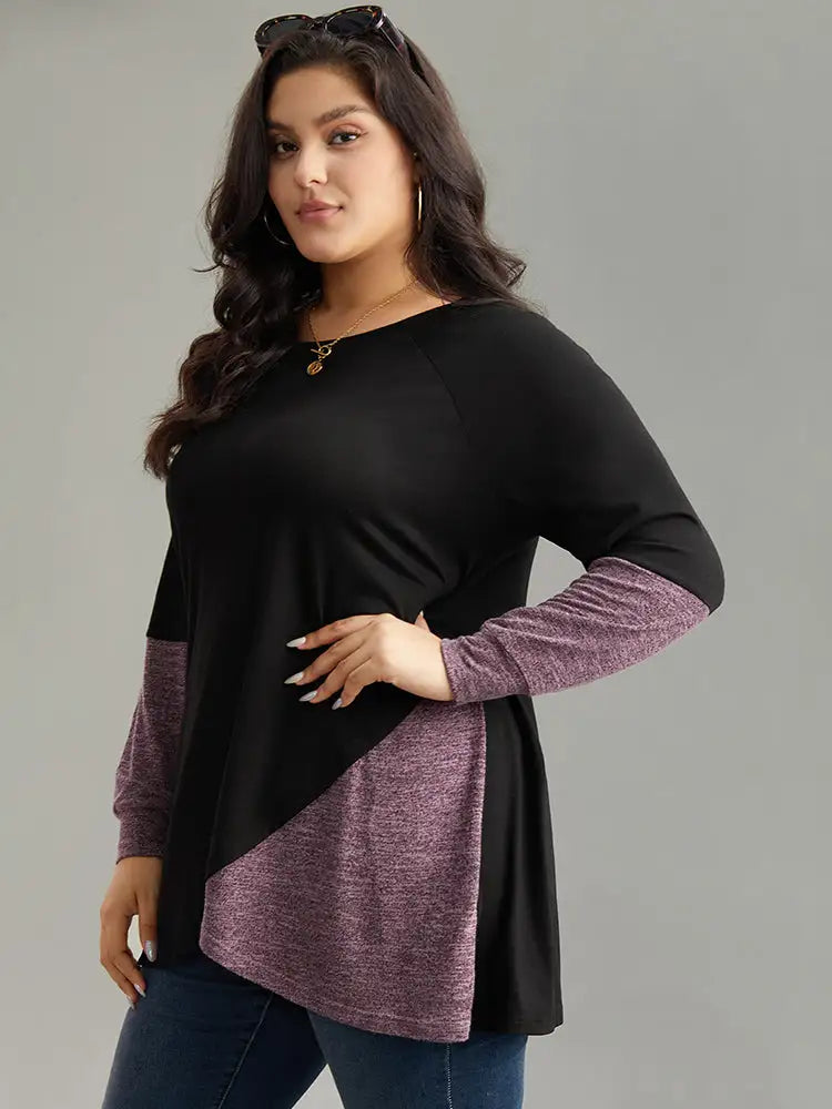 Two Tone Patchwork Heather Arc Hem T-Shirt