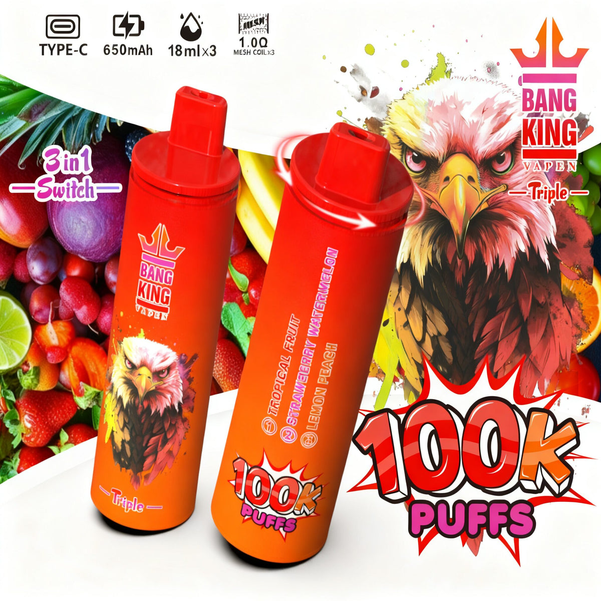 Bang King Triple 100000 100K Puffs 3 in 1 Flavors Original Rechargeable Disposable Vape
