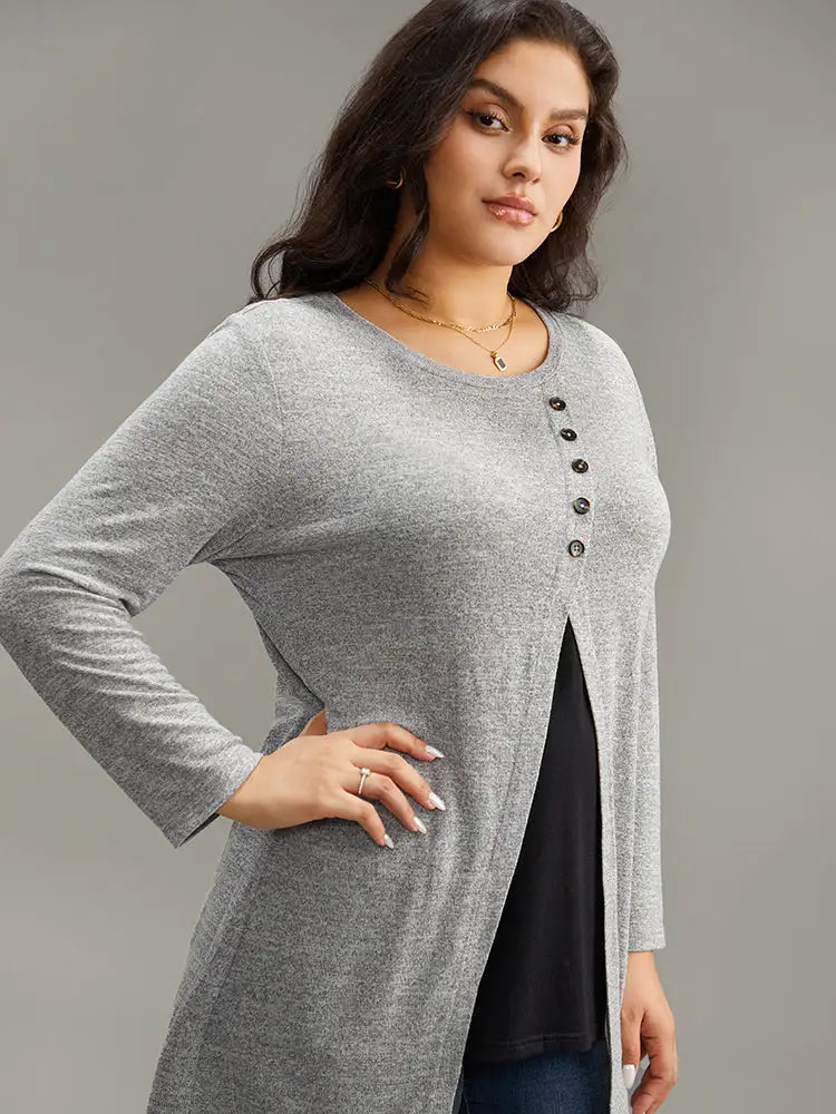 Contrast Patchwork Crew Neck Button Detail T-Shirt
