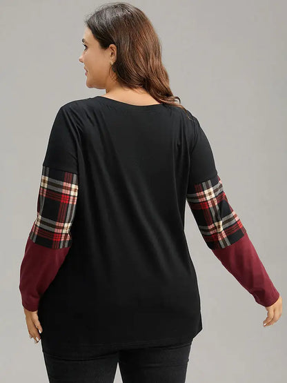 Plaid Contrast Patchwork Round Neck T-Shirt