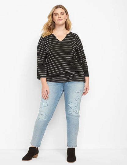 Classic 3/4-Sleeve Notch-Neck Ruched-Side Tee