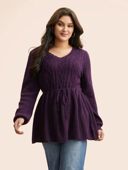 V Neck Cable Knit Drawstring Pullover