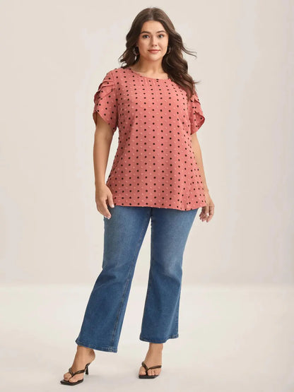 Textured Color Contrast Petal Sleeve Blouse