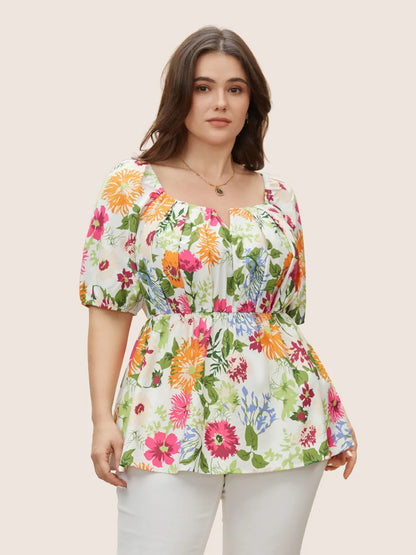 Floral Notched Collar Lantern Sleeve Blouse