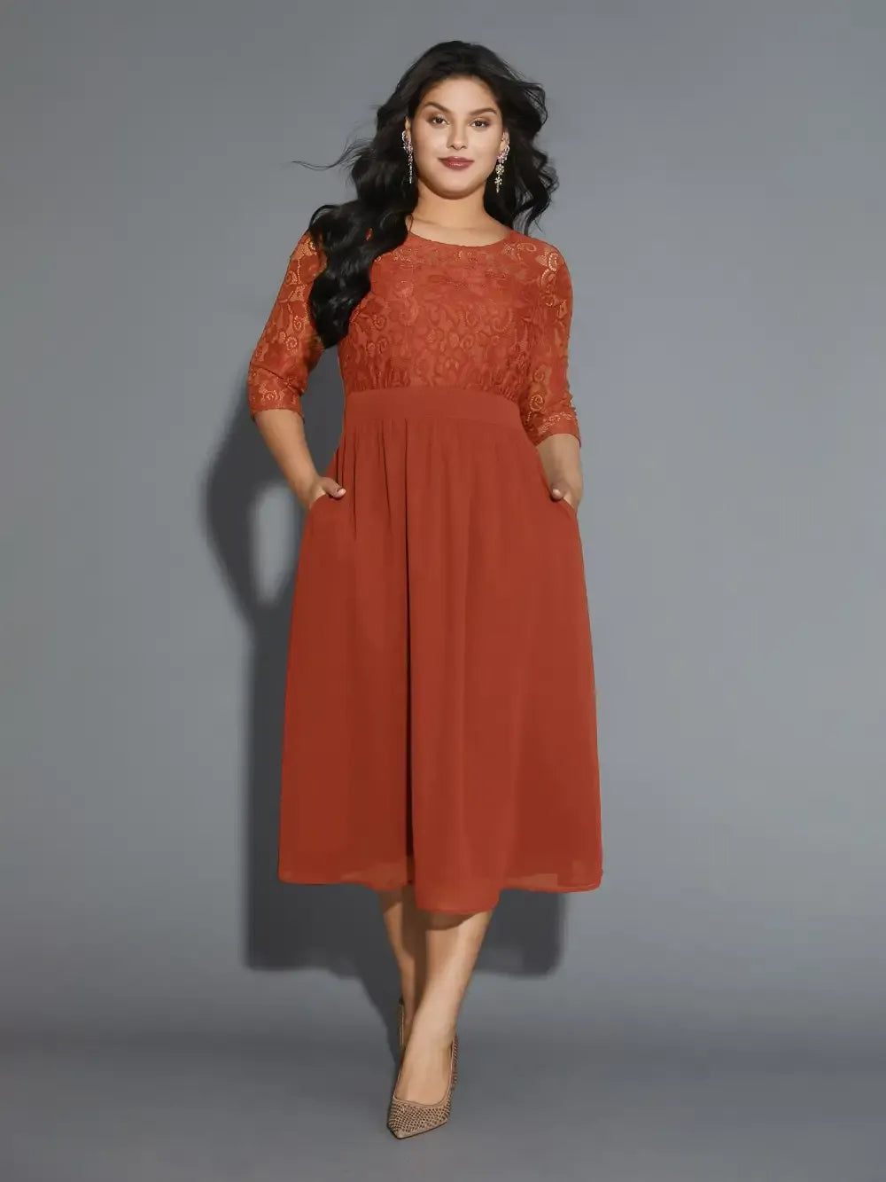 Lace Patchwork Shirred Midi Pocket Dress